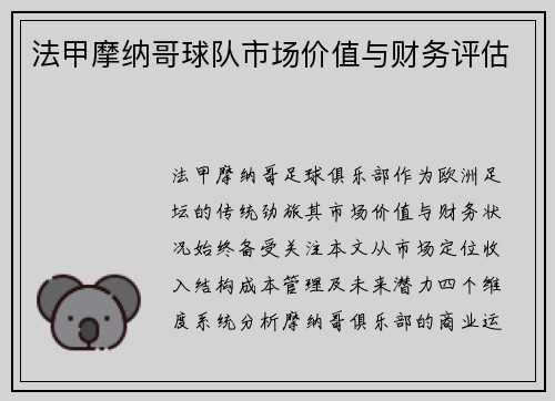 法甲摩纳哥球队市场价值与财务评估