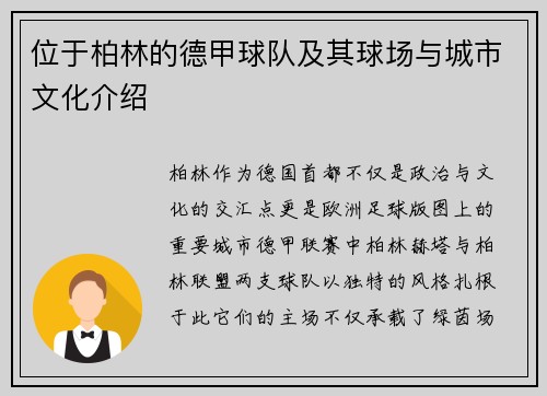 位于柏林的德甲球队及其球场与城市文化介绍